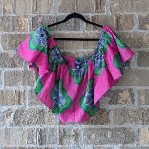 Royal Native Upcycled Off The Shoulder Pink Green Crop Top XS/S Flouncy Ruffle